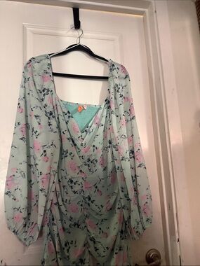 Mint Floral Long Sleeve Ruched Dress with Pink Roses